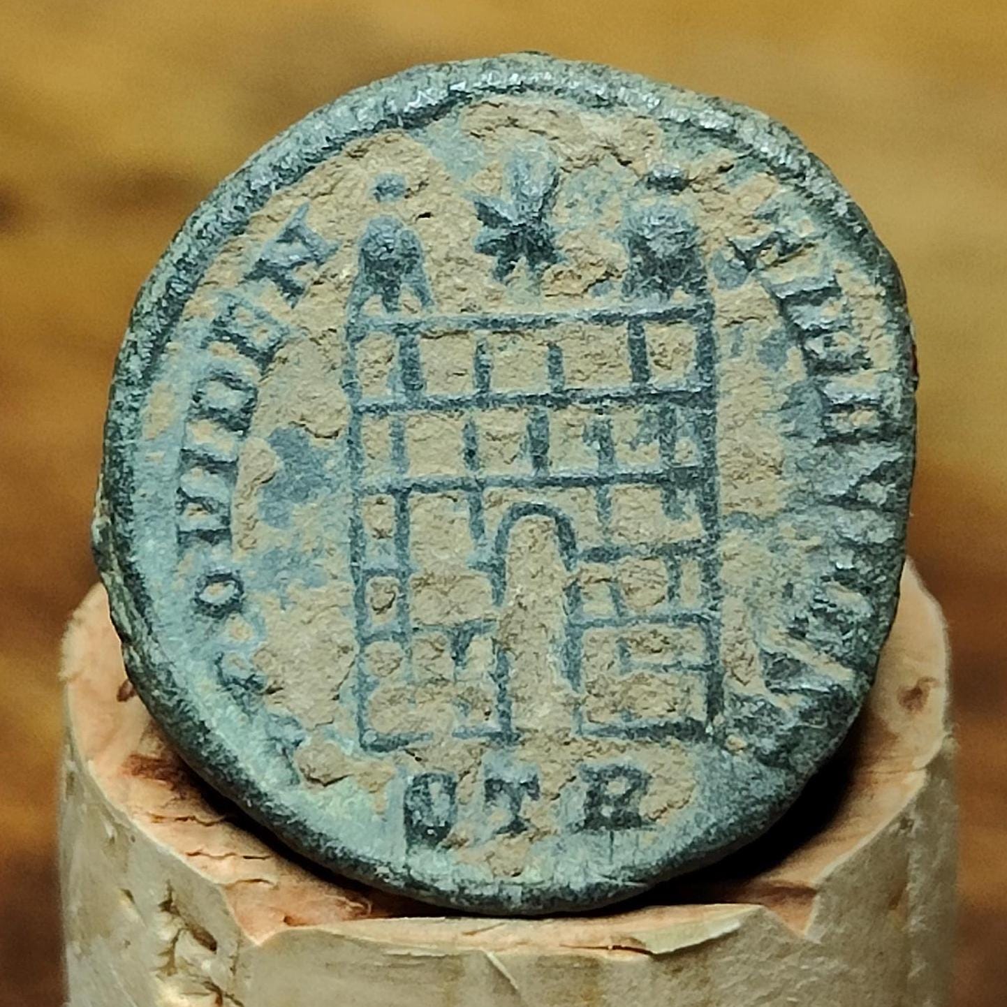 Constantine II coin, high grade ancient roman Nummus with camp gate reverse