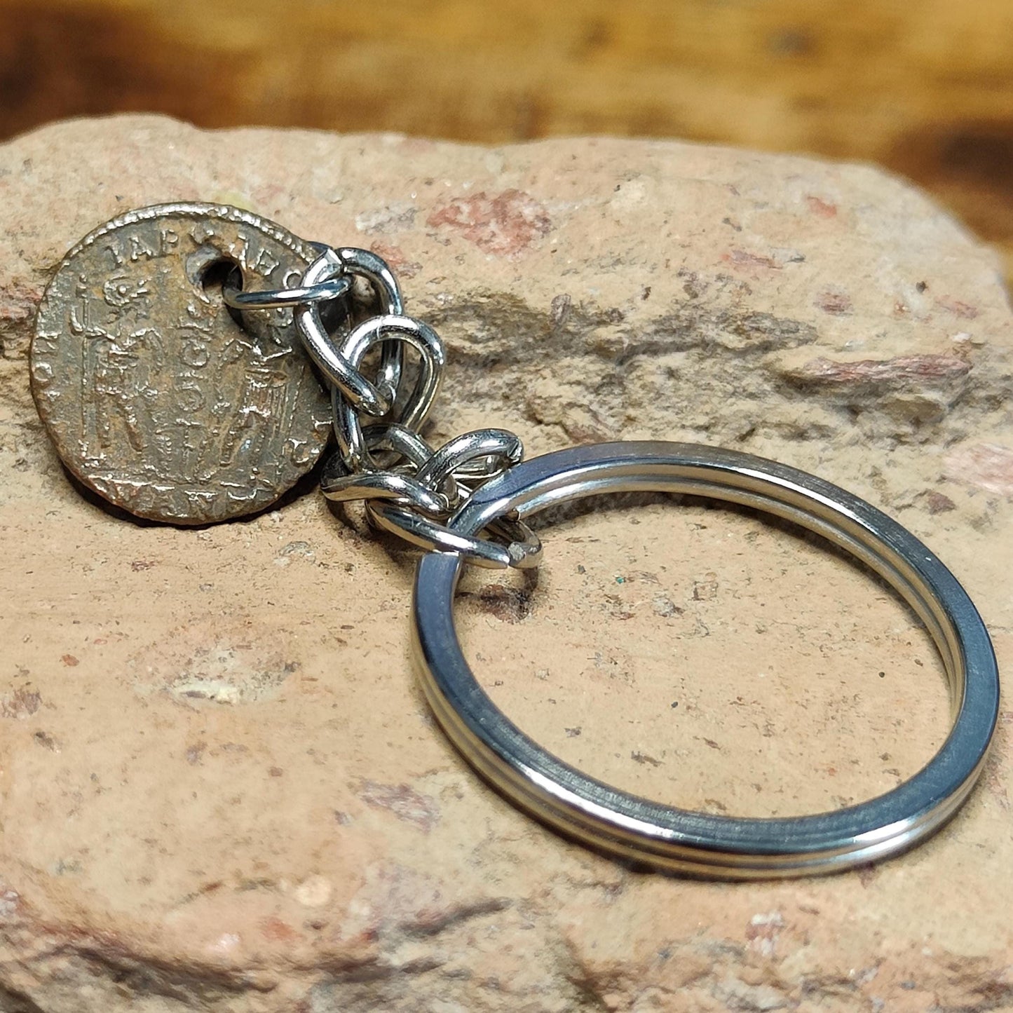 Roman coin key chain, ancient coin keyring, fob for keys - 1600 years old