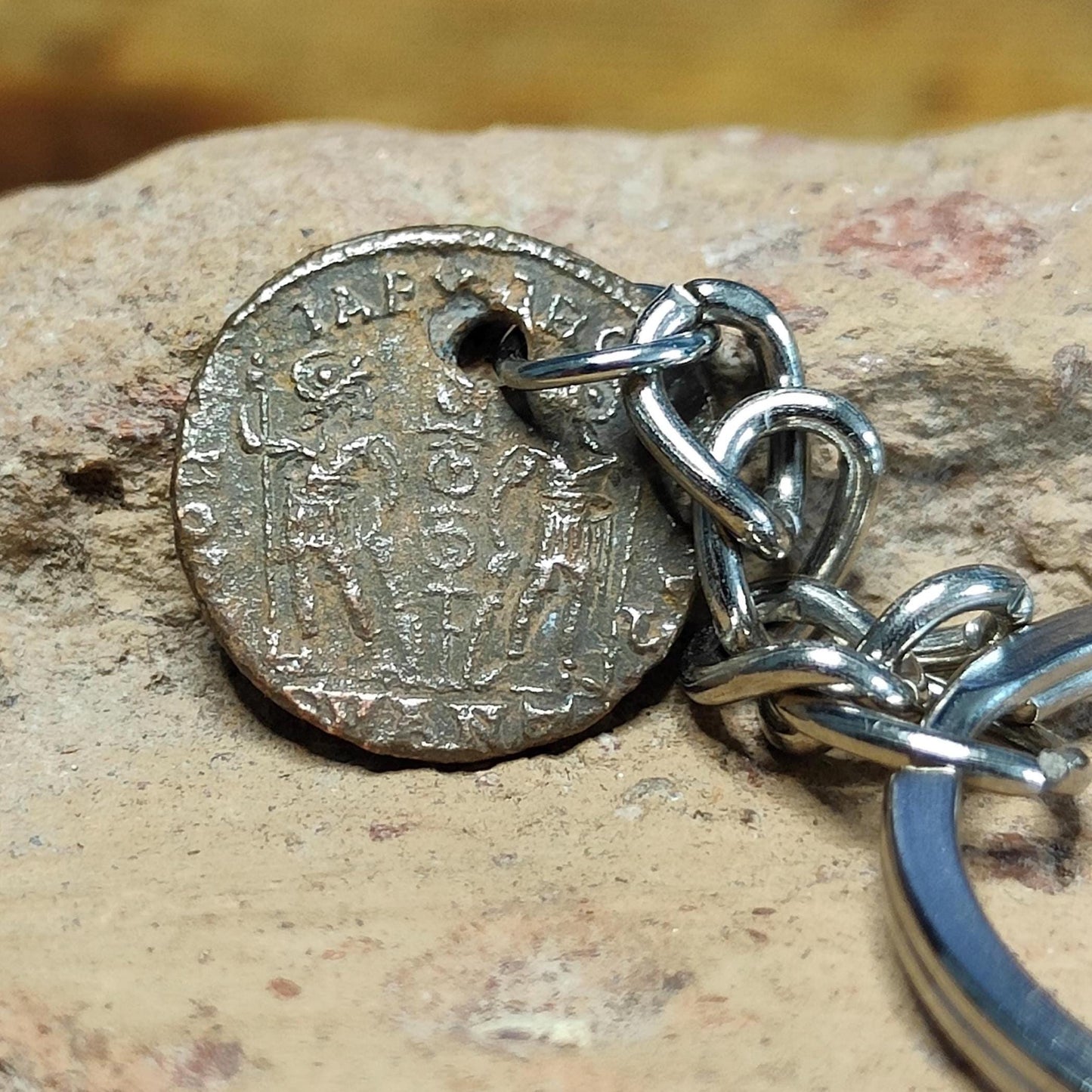 Roman coin key chain, ancient coin keyring, fob for keys - 1600 years old