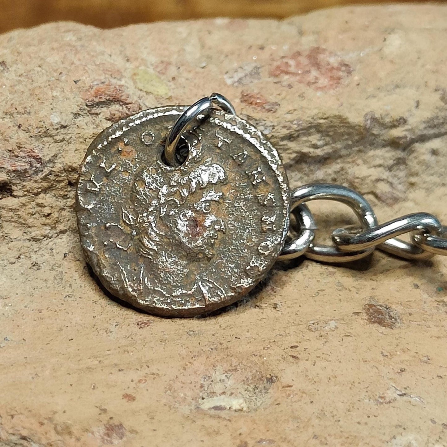 Roman coin key chain, ancient coin keyring, fob for keys - 1600 years old