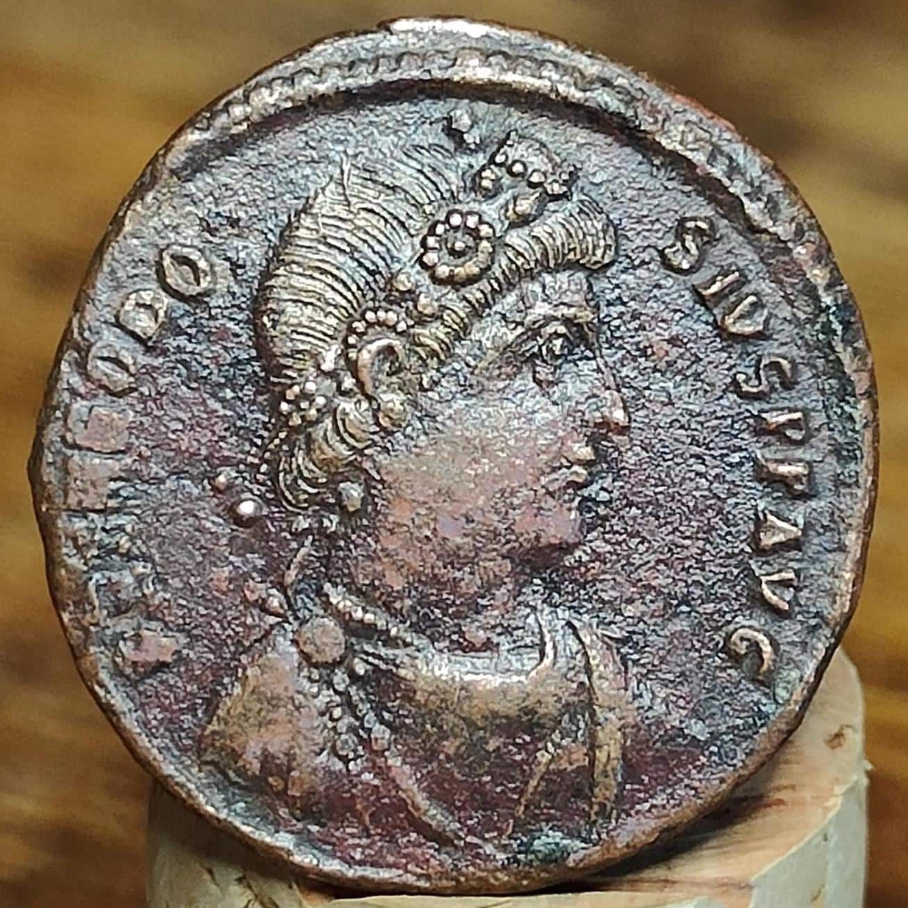 Theodosius Roman coin, ancient follis with Emperor reverse AE2