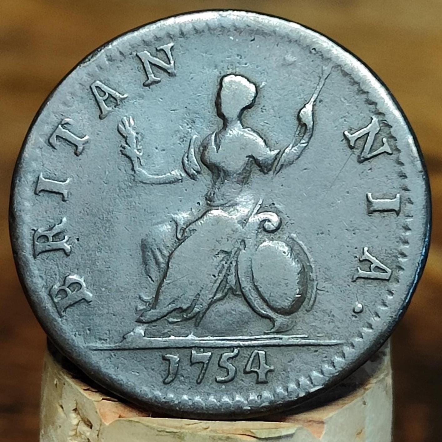 George II farthing, dated 1754 - Georgian/ US colonial coin
