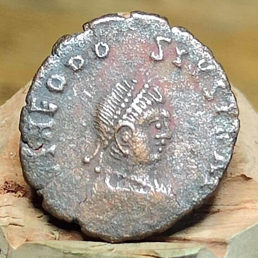 Theodosius II Roman coin with cross and wreath reverse, 408-450AD, AE4