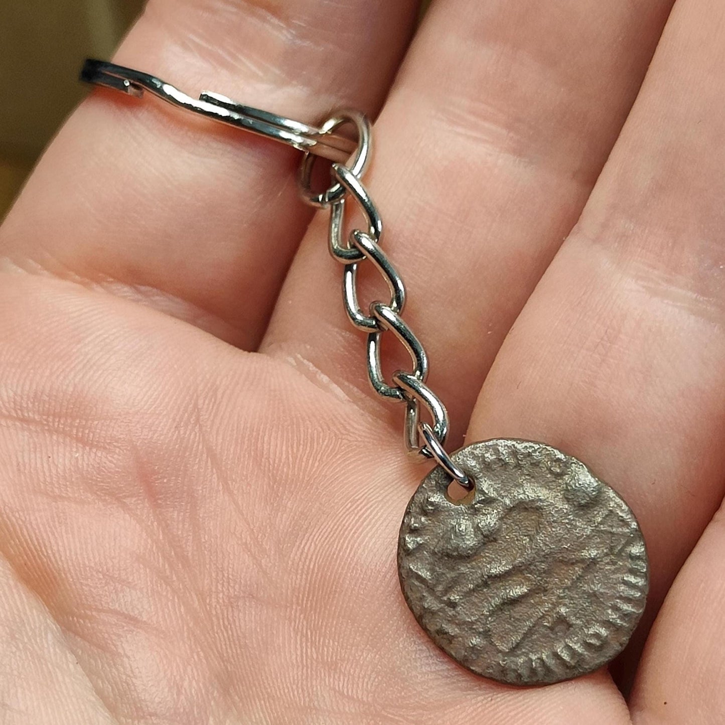 Roman coin key chain, ancient coin keyring, fob for keys - 1600 years old - VPUKcoins