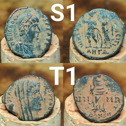 Ancient Roman coins partially cleaned , uncleaned 4th century Nummus - VPUKcoins