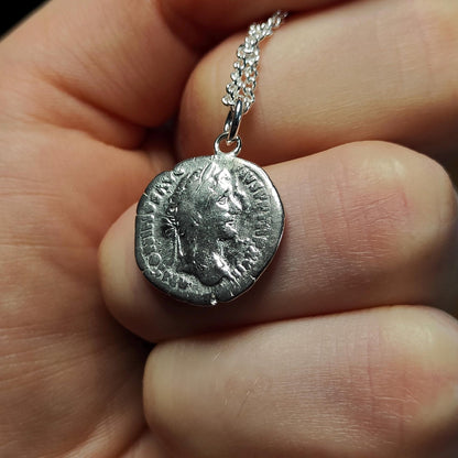 Antoninus pius Silver Denarius pendant and chain, ancient Roman coin necklace - VPUKcoins