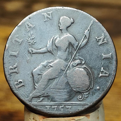 George II half Penny, dated 1757 - Georgian/ US colonial coin - VPUKcoins