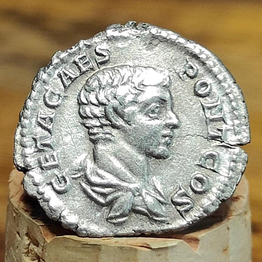 Geta Silver Denarius with emperor reverse, Ancient roman coin from the Imperial empire