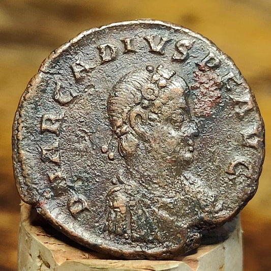 Arcadius Roman coin with emperor reverse, 4th century ancient Follis AE2