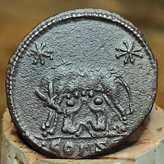 Roman commemorative coin with She Wolf reverse, ancient Nummus