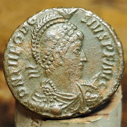 Theodosius Roman coin, ancient follis with galley reverse AE2