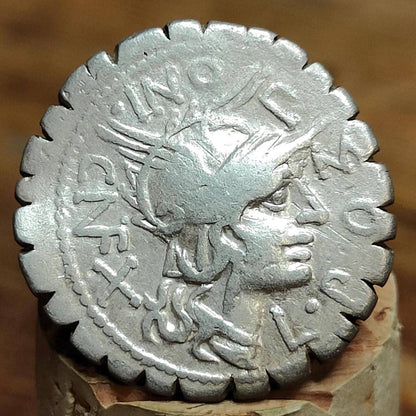 118BC Roman Republic Silver Denarius L. Pomponius Cn. f. with Roma obverse, Ancient roman coin