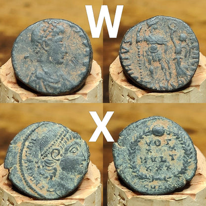 Ancient Roman coins partially cleaned , uncleaned 4th century Nummus