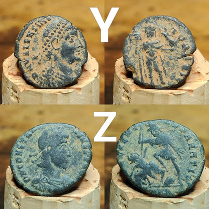 Ancient Roman coins partially cleaned , uncleaned 4th century Nummus