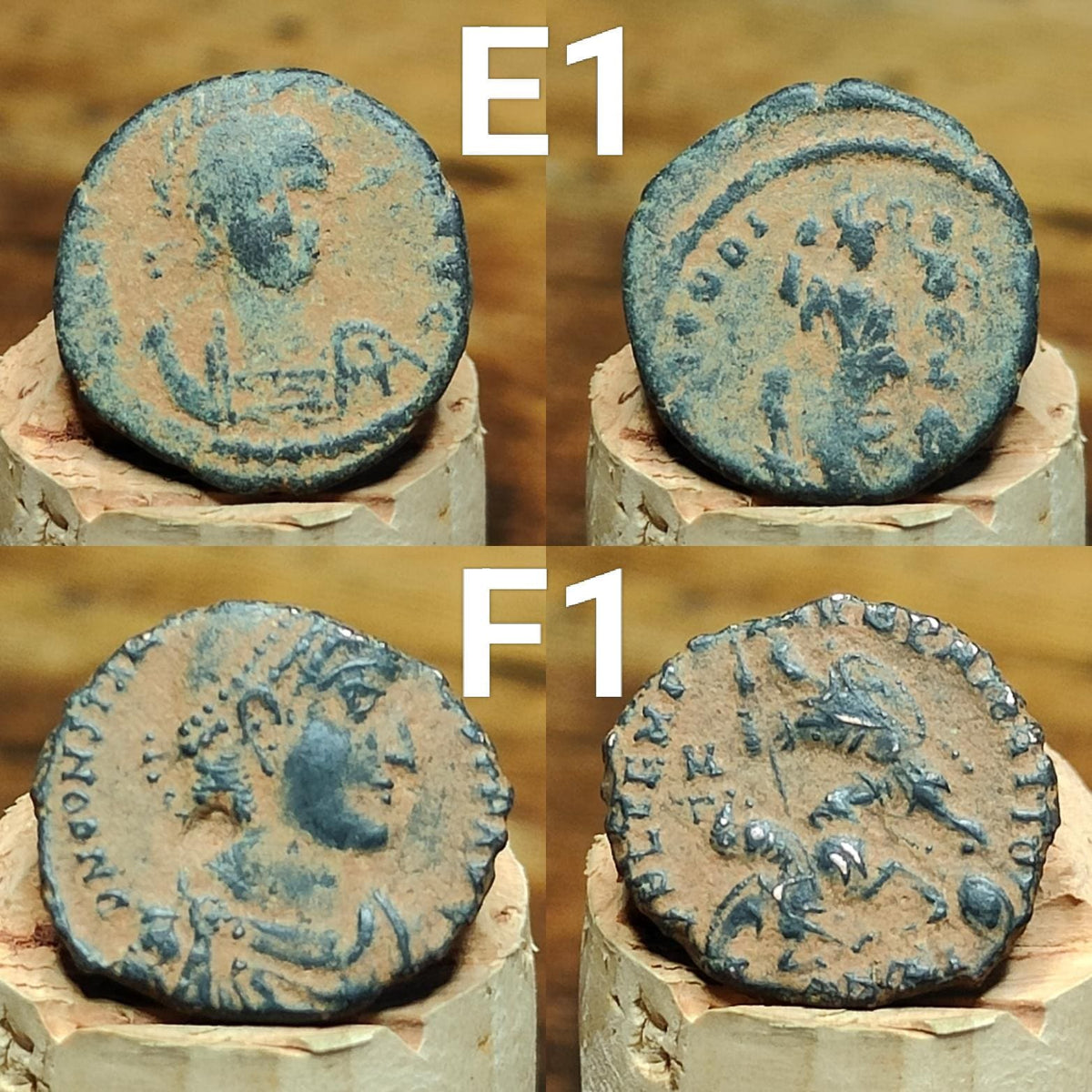 Ancient Roman coins partially cleaned , uncleaned 4th century Nummus
