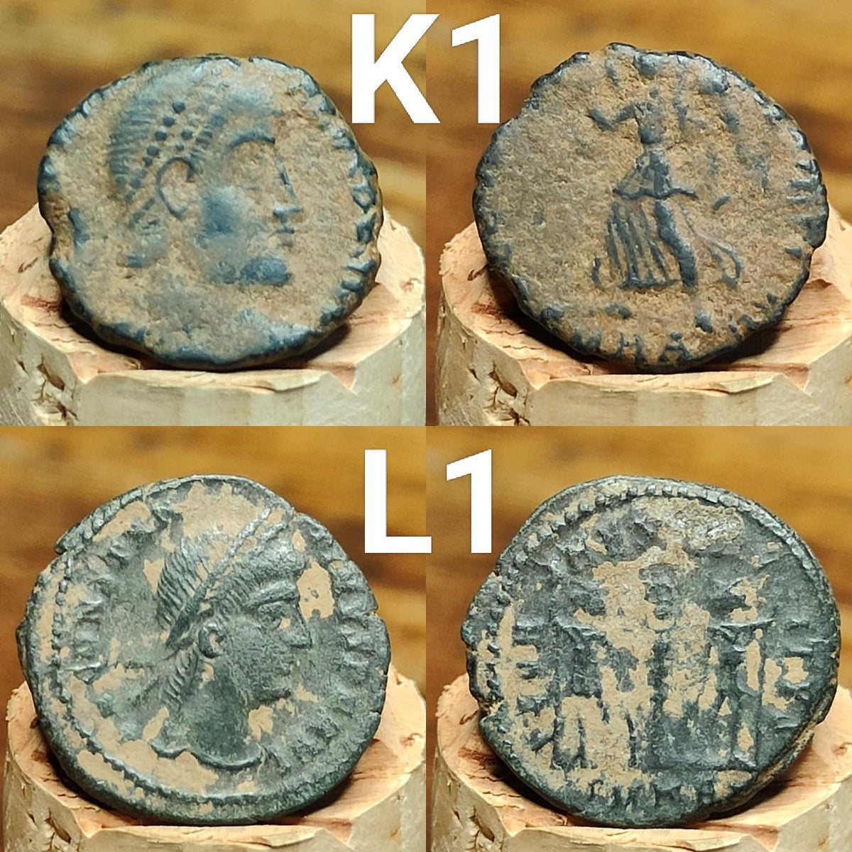 Ancient Roman coins partially cleaned , uncleaned 4th century Nummus