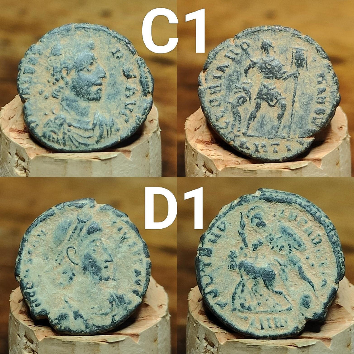 Ancient Roman coins partially cleaned , uncleaned 4th century Nummus