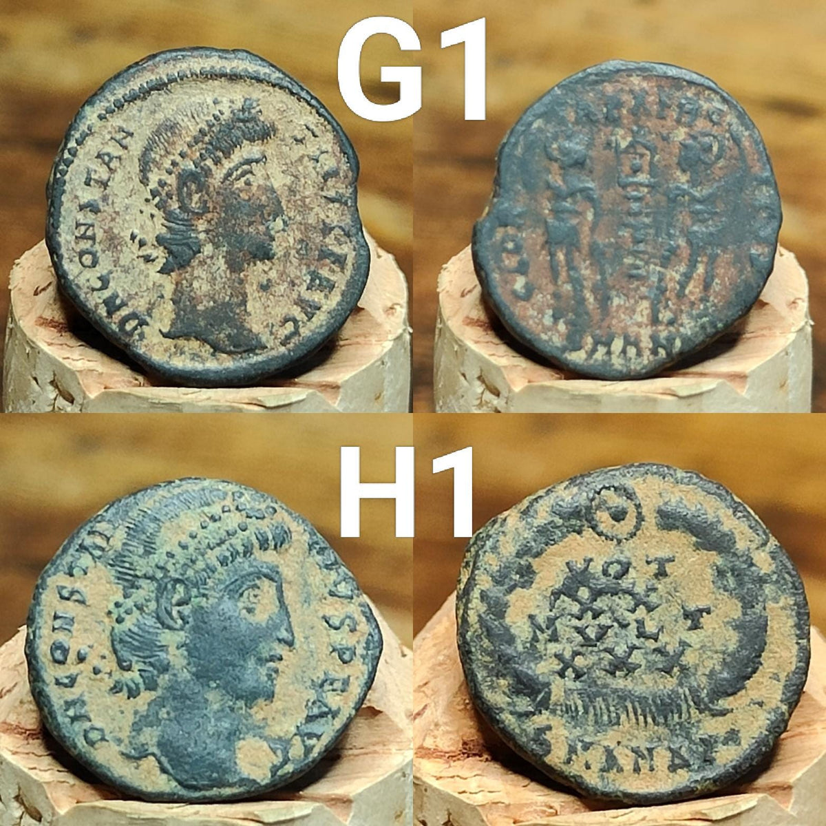 Ancient Roman coins partially cleaned , uncleaned 4th century Nummus