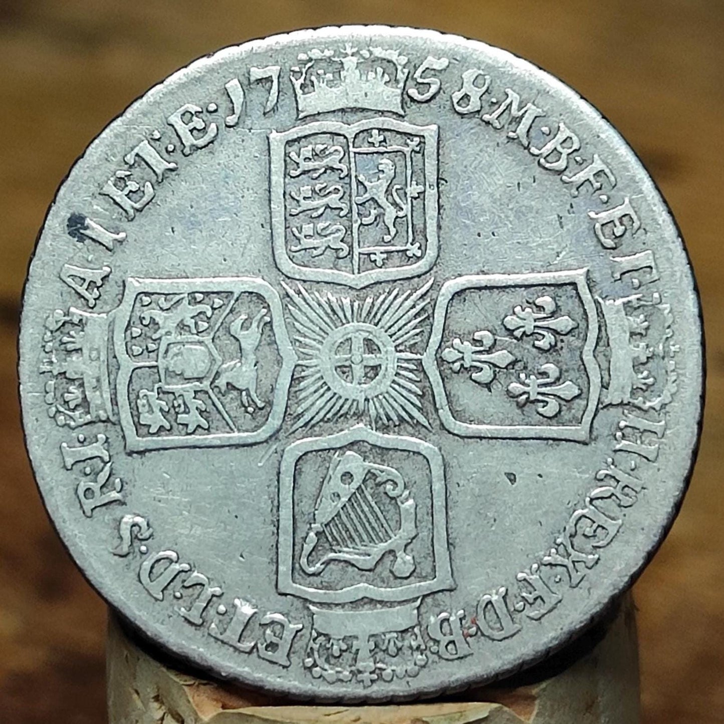 1758 King George II Silver Shilling Coin older bust