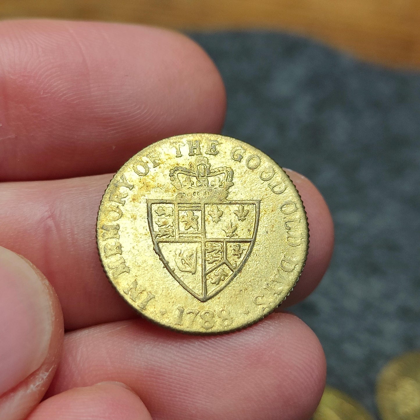George III spade half Guinea gaming token, dated 1788, Georgian brass jetton