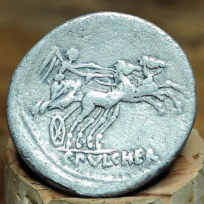 Roman Republic Silver Denarius C. Claudius Pulcher with Roma obverse, Ancient roman coin