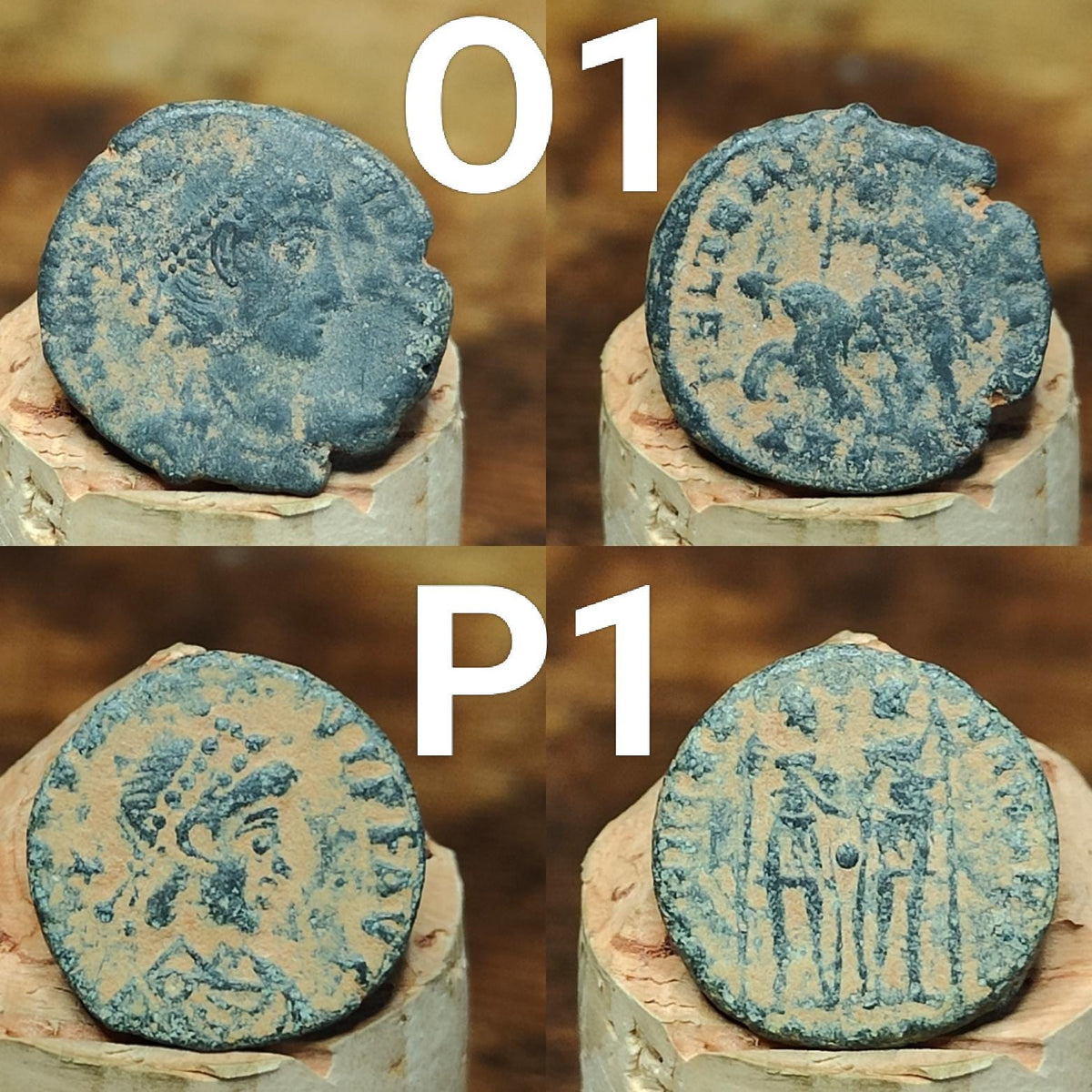 Ancient Roman coins partially cleaned , uncleaned 4th century Nummus