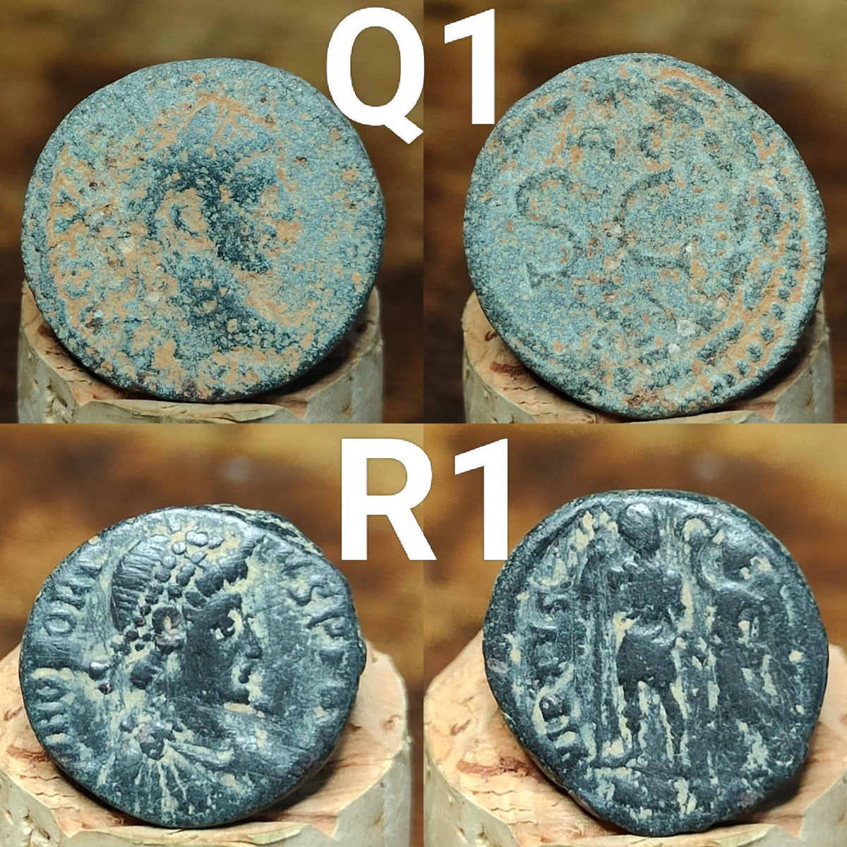 Ancient Roman coins partially cleaned , uncleaned 4th century Nummus