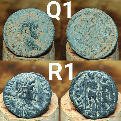 Ancient Roman coins partially cleaned , uncleaned 4th century Nummus