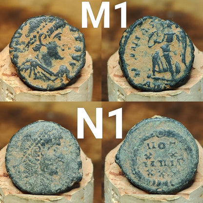 Ancient Roman coins partially cleaned , uncleaned 4th century Nummus