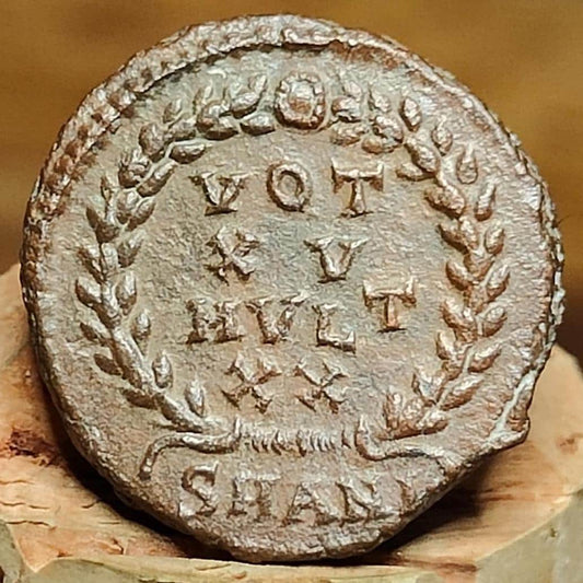 Constans Roman coin with votive wreath reverse, 4th century ancient nummus AE4