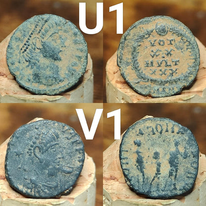 Ancient Roman coins partially cleaned , uncleaned 4th century Nummus