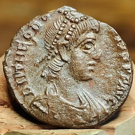 Theodosius Roman coin with votive wreath reverse, ancient nummus AE4