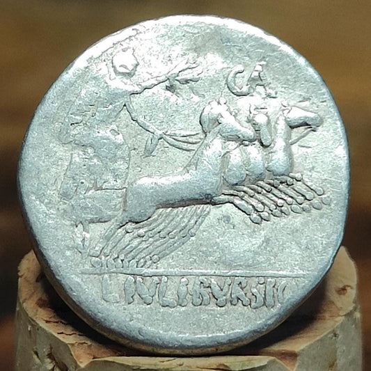 85BC Roman Republic Silver Denarius, L. Julius Bursio, with Victory reverse, Ancient coin