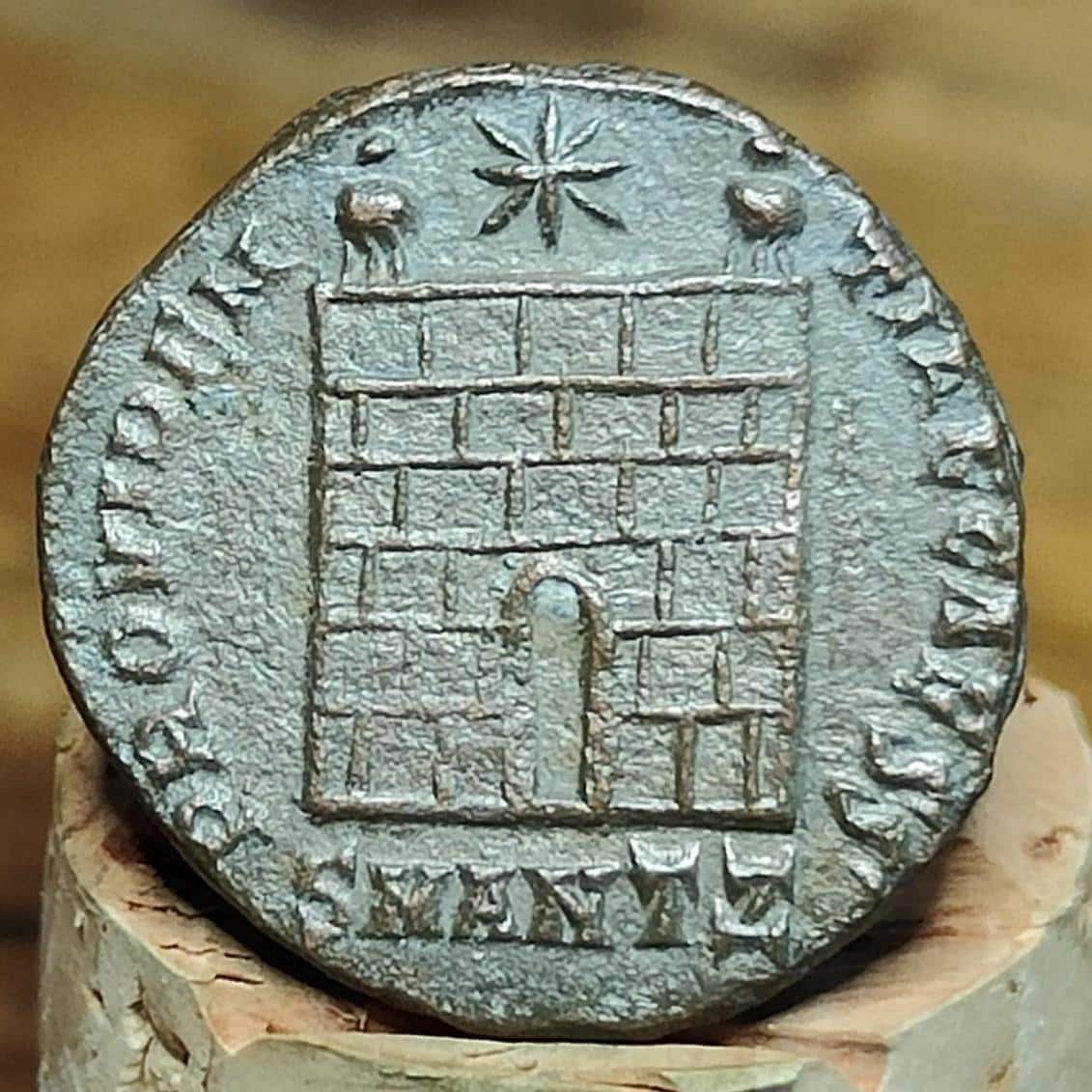 Crispus Roman coin with camp gates reverse, ancient Nummus, 317-326AD