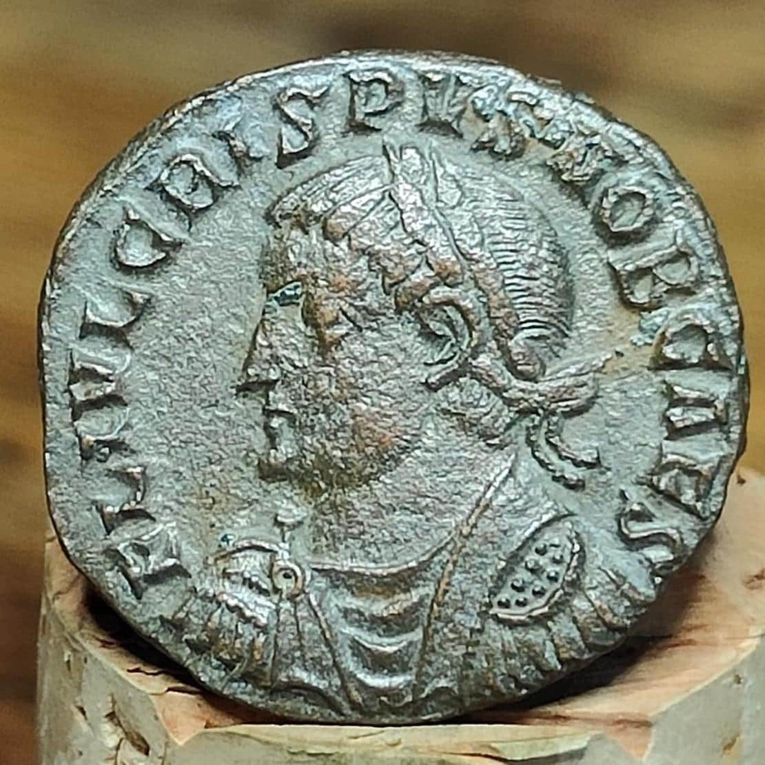 Crispus Roman coin with camp gates reverse, ancient Nummus, 317-326AD