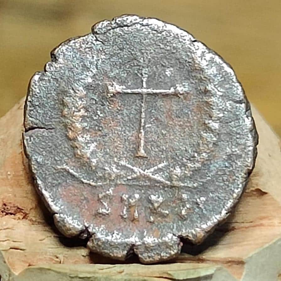 Theodosius II Roman coin with cross and wreath reverse, 408-450AD, AE4
