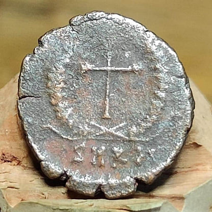 Theodosius II Roman coin with cross and wreath reverse, 408-450AD, AE4