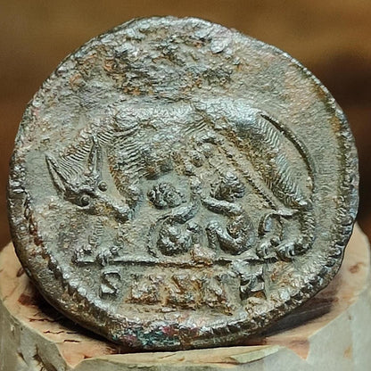 Roman commemorative coin with She Wolf reverse, ancient Nummus