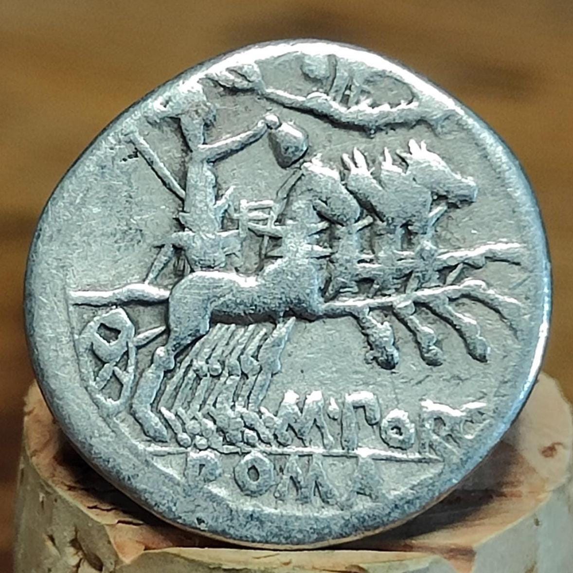 125BC Roman Republic Silver Denarius, M. Porcius Laeca, with Roma obverse, Ancient coin
