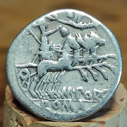 125BC Roman Republic Silver Denarius, M. Porcius Laeca, with Roma obverse, Ancient coin