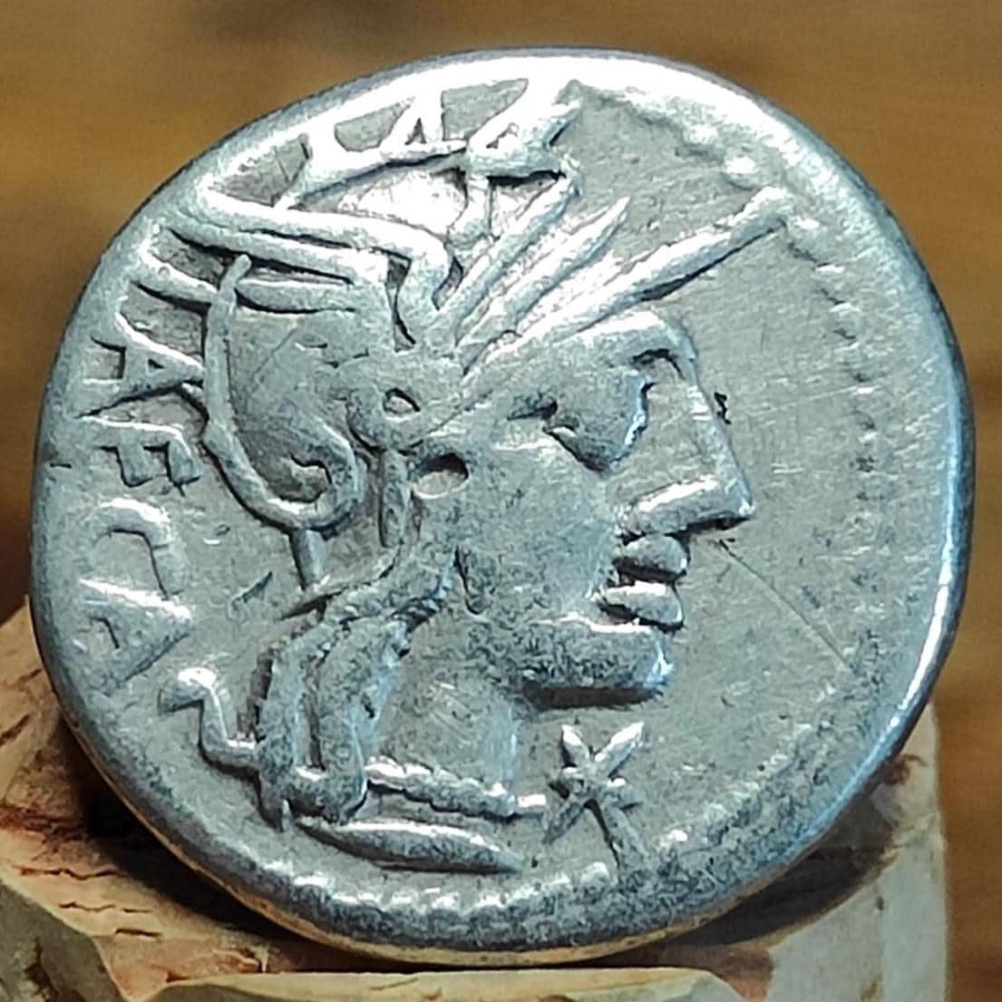 125BC Roman Republic Silver Denarius, M. Porcius Laeca, with Roma obverse, Ancient coin