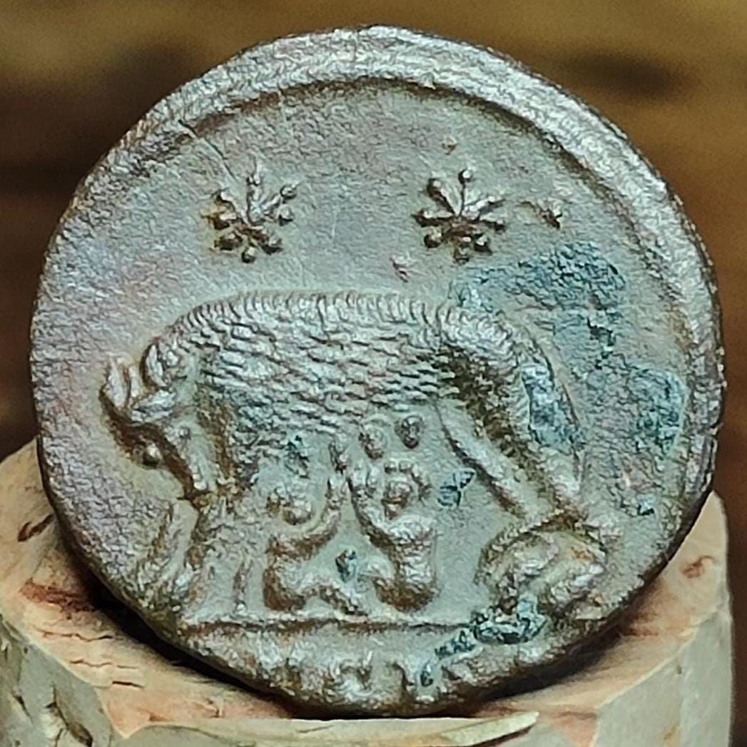 Roman commemorative coin with She Wolf reverse, ancient Nummus