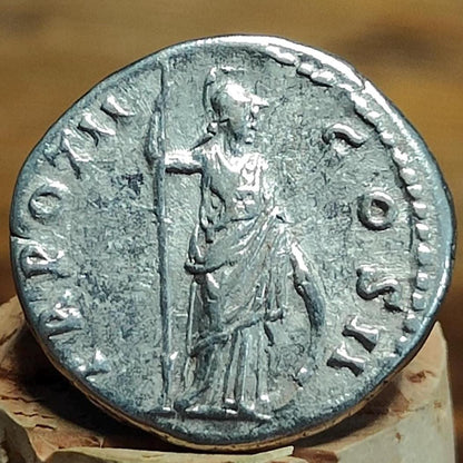 Marcus Aurelius Silver Denarius with Minerva reverse, 161-180 AD. Ancient roman coin