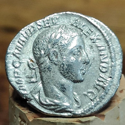 Severus Alexander with Annona reverse Silver Denarius, 222 to 235 AD, Ancient roman coin