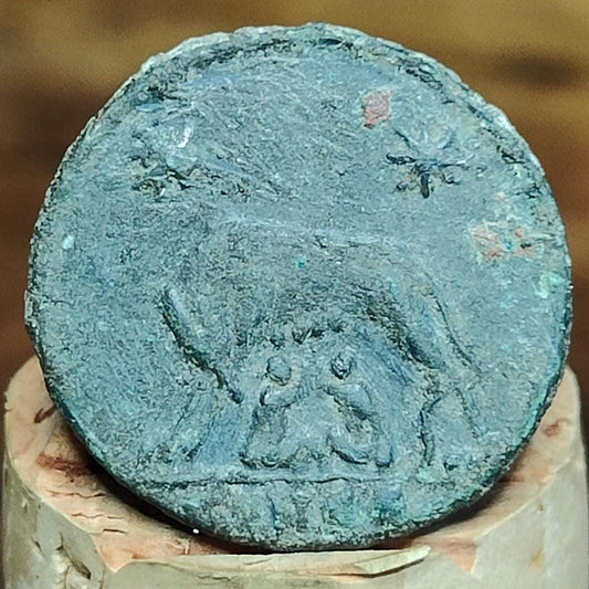 Roman commemorative coin with She Wolf reverse, ancient Nummus