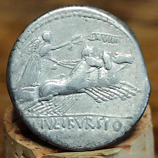 85BC Roman Republic Silver Denarius, L. Julius Bursio, with Victory reverse, Ancient coin