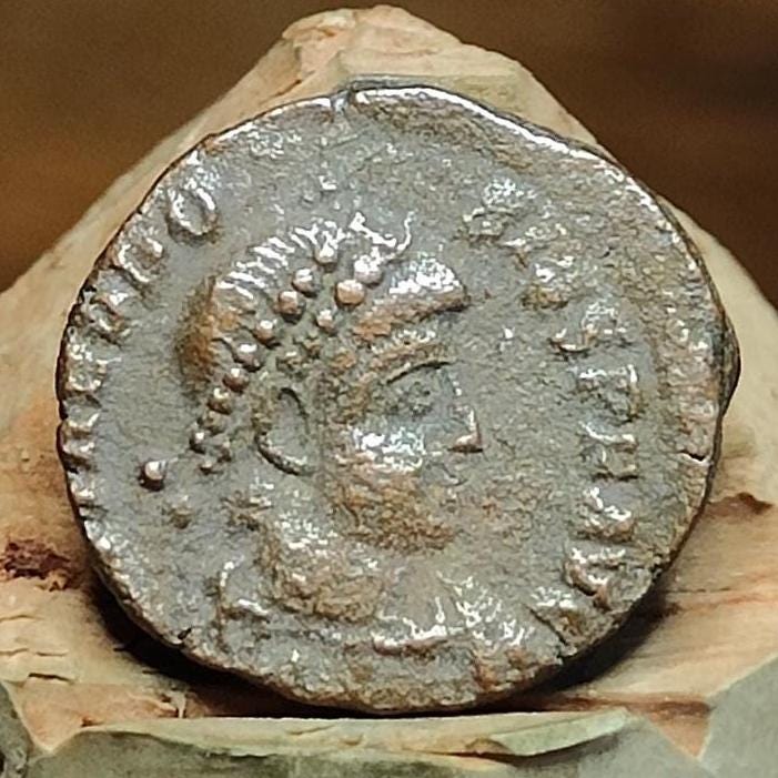 Theodosius I Roman coin with Votive wreath reverse, 375-395AD, ancient nummus AE4