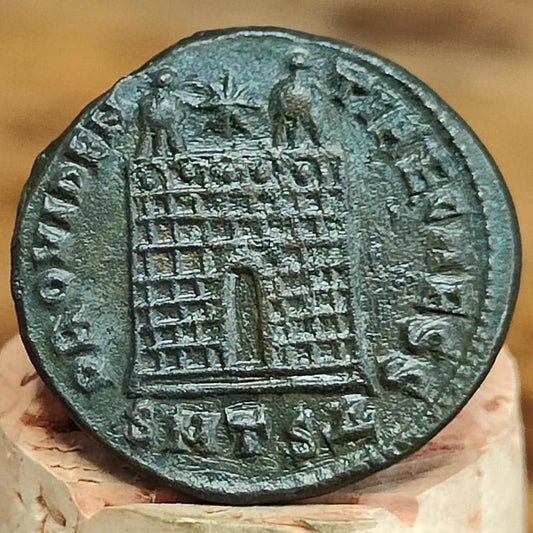 Constantine II coin with camp gate reverse, 337-340AD, high grade ancient roman follis