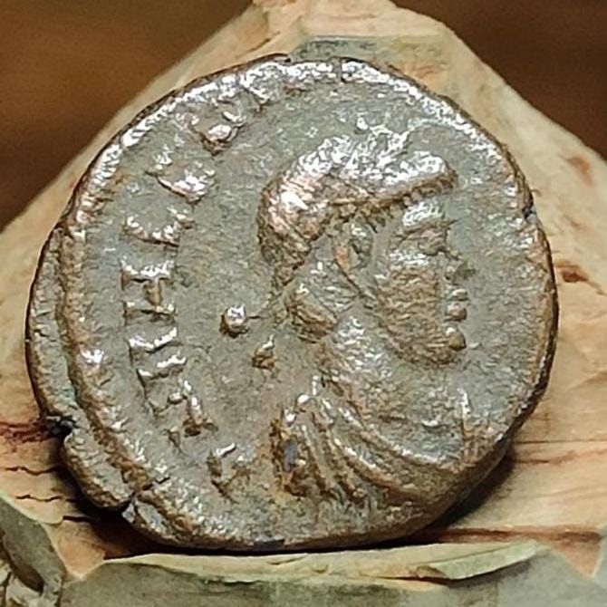 Valentinian III Roman coin with Victory and Captive reverse, 425-455AD, ancient nummus AE4