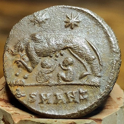 Roman commemorative coin with She Wolf reverse, 330-354AD, ancient Nummus